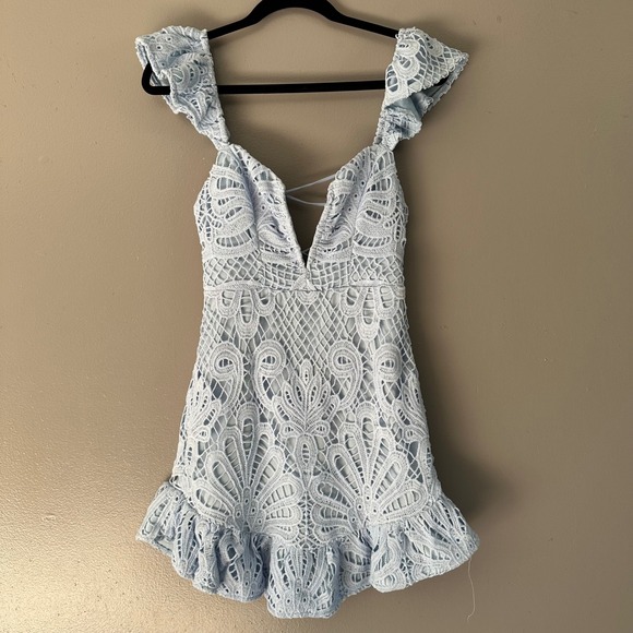 Mika & Gala Low V-Neck Eyelet Lace Lined Mini Dress | Powder Blue - Picture 1 of 13